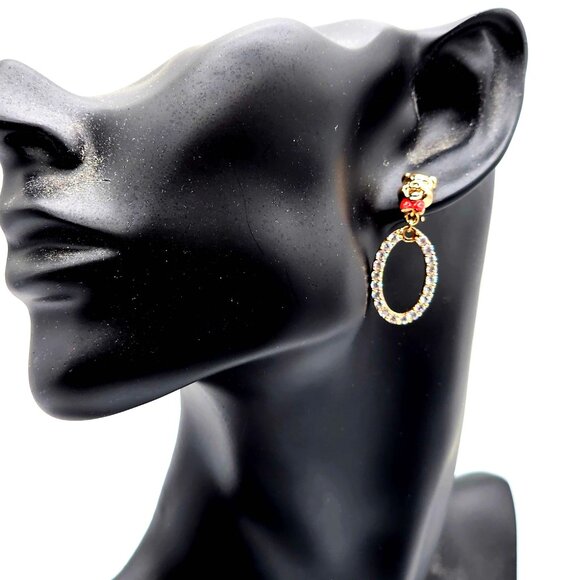 Whimsical Pig Face Rhinestone Hoop Earrings – Gold Tone with Red Bow Tie - Picture 3 of 9
